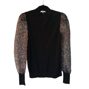 Sioni Soft Black Sweater with Sheer Leopard Print Sleeves Size Medium